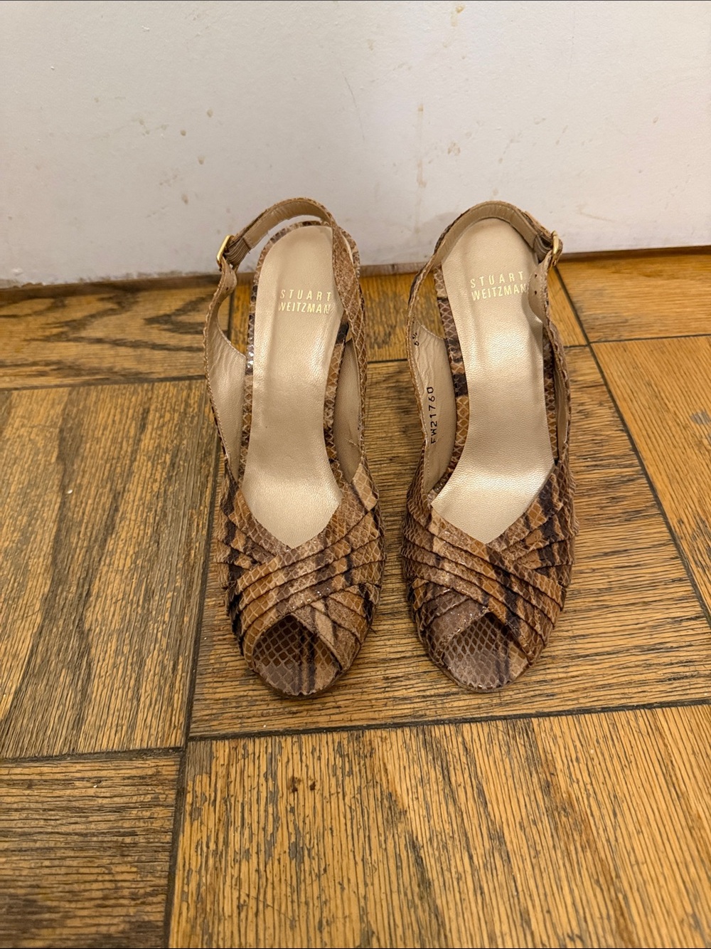 Stuart Weitzman Brown Snake-Print Peep-Toe Slingback Heels